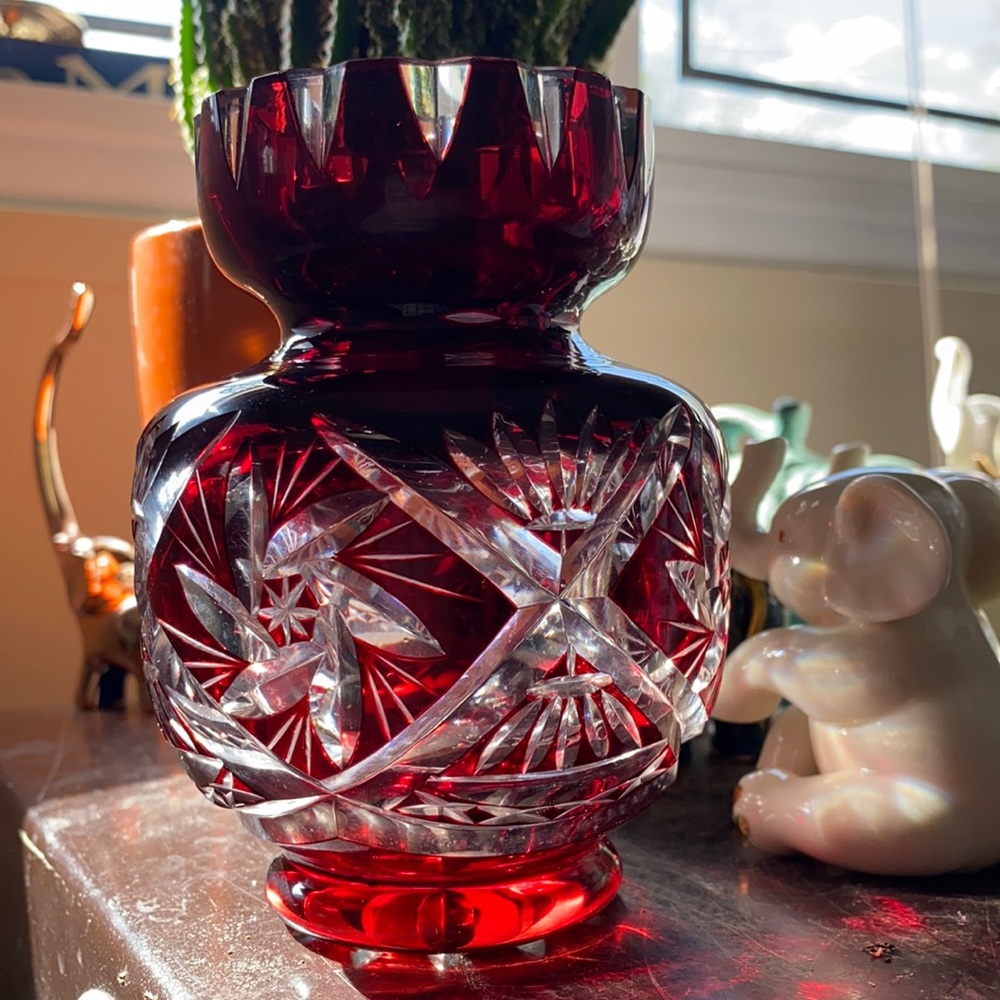 Vintage Bohemia Czech Crystal Red Vase - Picture 5 of 7